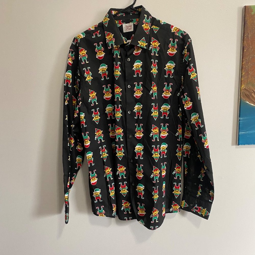 North Pole Mens Christmas Long Sleeve Elf Button Down Shirt Large